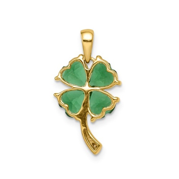 14k Yellow Gold Created Green Emerald & Diamond 4-leaf clover Pendant w Chain - Picture 3 of 7
